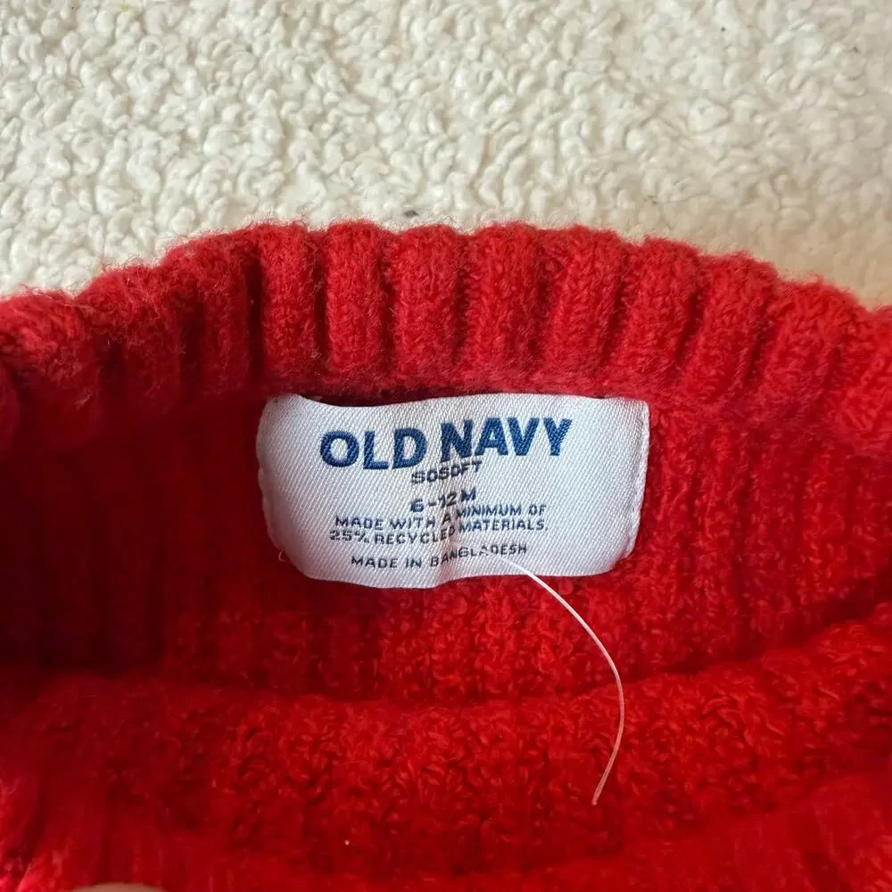 Old Navy 6-12 Months Merry Christmas Sweater Red White Embroider Baby Girl Boy